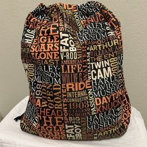 Harley Davidson Museum Drawstring Backpack Black Orange Word Cloud Biker Bag